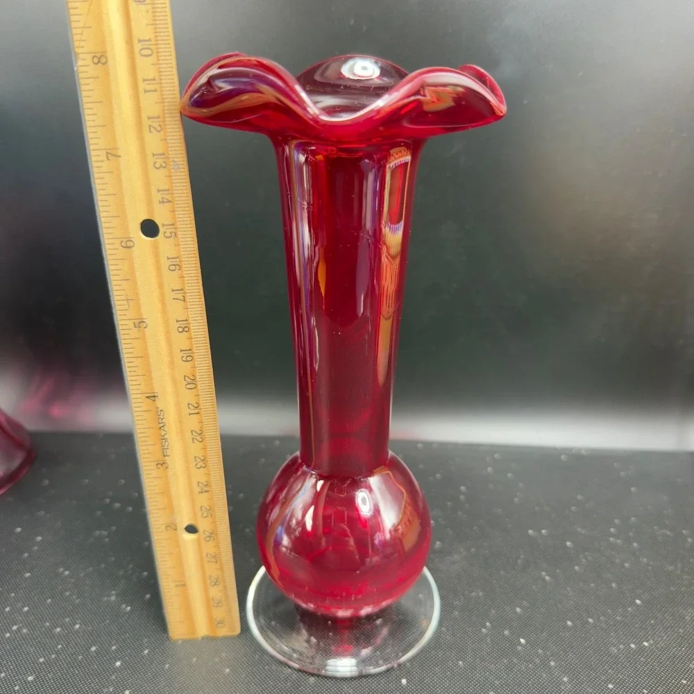 Vintage Ruby Red Crackle Art Glass Bud Vase Ruffled‎ Rim Clear Base 1990s Vase